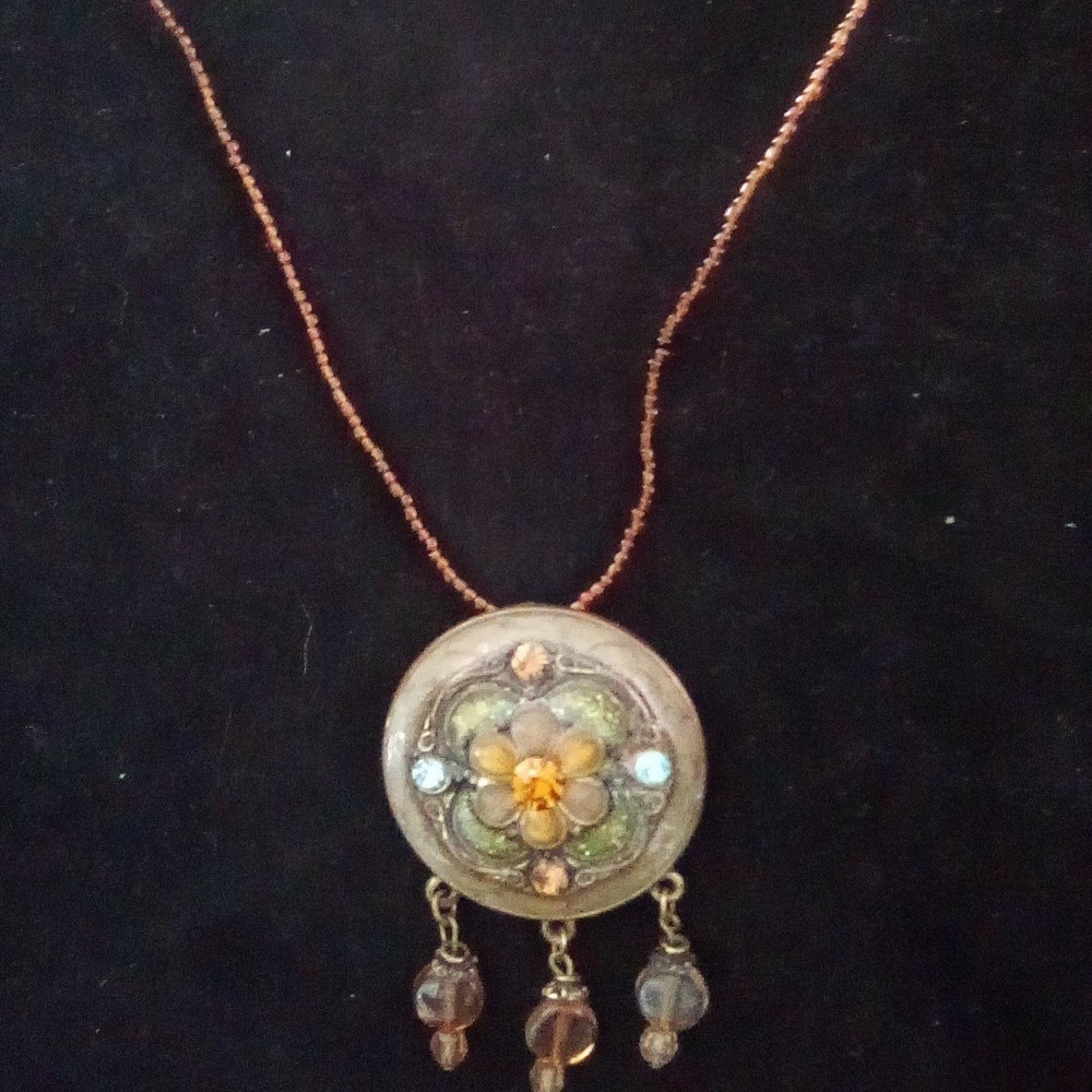 Boho Floral Medallion Pendant Necklace Rhinestone Dangle Beads Copper Tone